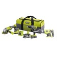 Das Ryobi 18V ONE+ Combo-Set R18CK4E-242S (8-teilig) beinhaltet einen Akku-Bohrschrauber, Winkelschleifer, Säbelsäge, 2 Akkus, Ladegerät und grün-schwarze Tasche - präsentiert auf weißem Hintergrund.