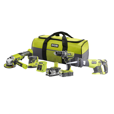 Das Ryobi 18V ONE+ Combo-Set R18CK4E-242S (8-teilig) beinhaltet einen Akku-Bohrschrauber, Winkelschleifer, Säbelsäge, 2 Akkus, Ladegerät und grün-schwarze Tasche - präsentiert auf weißem Hintergrund.