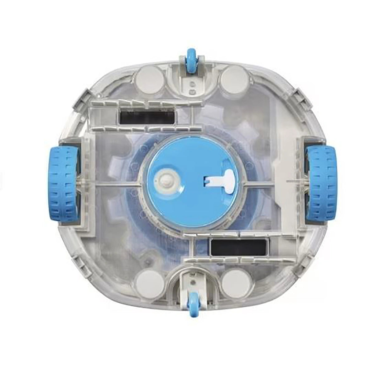 Draufsicht auf den SILVERCREST Pool-Reinigungsroboter "SCPR 50 A1" von SILVERCREST: transparentes Gehäuse, blaue Räder auf jeder Seite, zentraler kreisförmiger blauer Teil und kleinere blaue Elemente am oberen und unteren Rand.