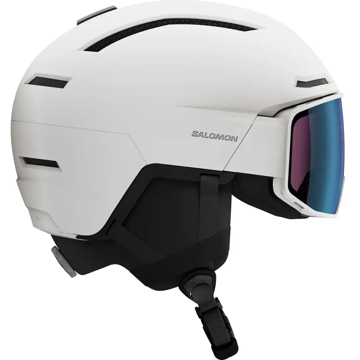 Der Salomon Driver Pro Sigma Helm in weiß von Salomon zeigt sich im Seitenprofil, mit schwarzem Riemen und integrierter Brille mit SIGMA Photochrom-Visier für optimale Sicht auf der Piste.