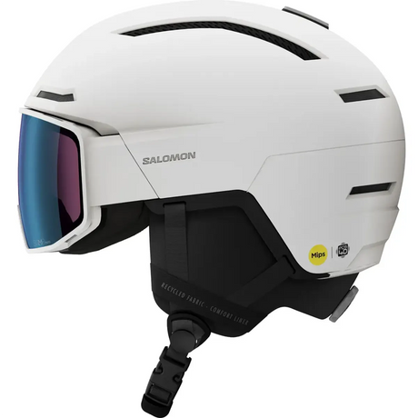 Salomon Driver Pro Sigma Helm - weiß: Skihelm mit schwarzem Riemen, SIGMA Photochrom-Visier und MIPS-Technologie für mehr Sicherheit am Hang.