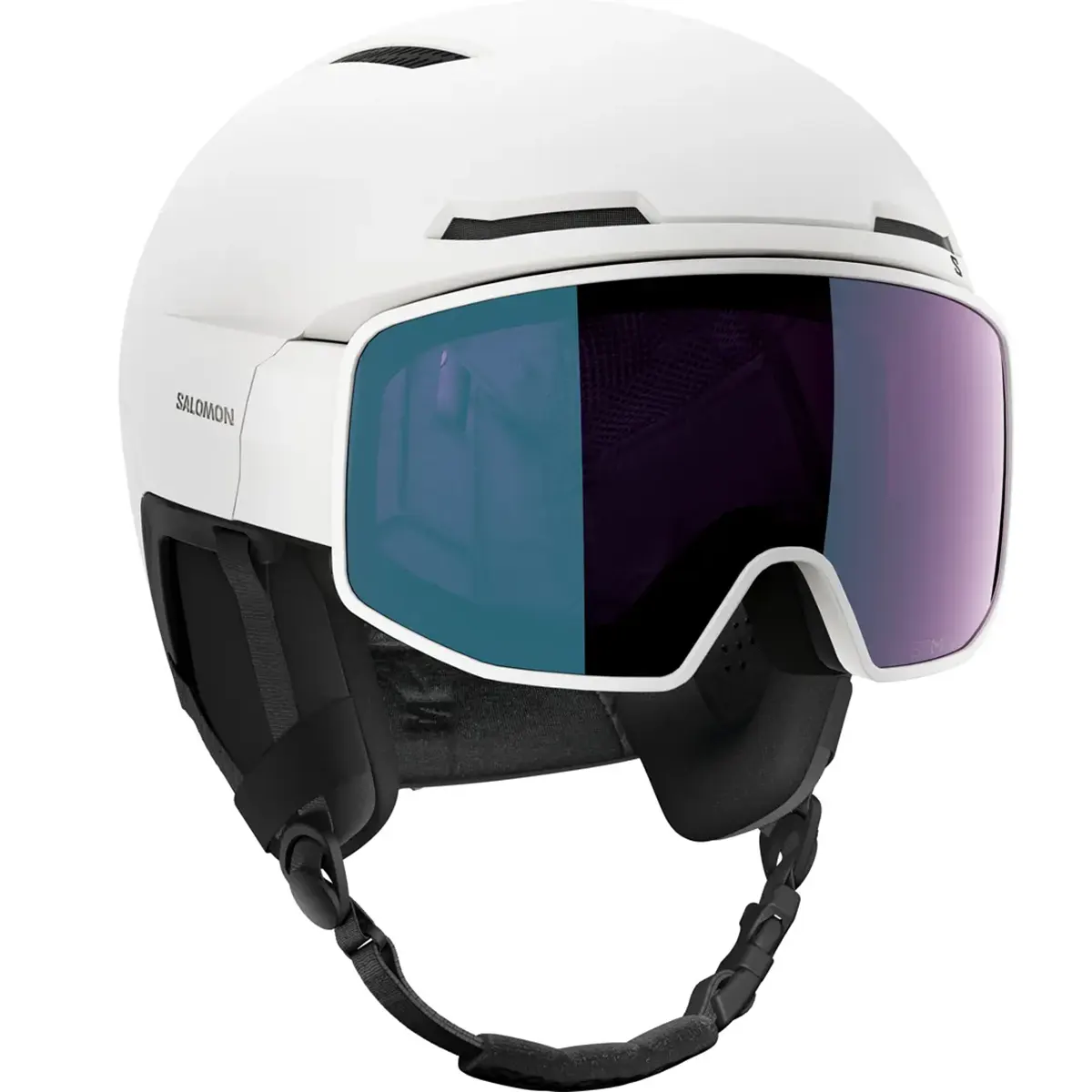 Der Salomon Driver Pro Sigma Helm - weiß von Salomon verfügt über ein aufgesetztes SIGMA Photochrom Visier, eine schwarz und blau getönte Skibrille und einen verstellbaren Kinnriemen.
