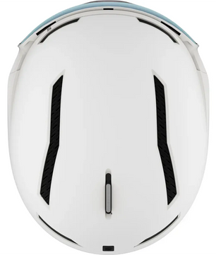 Draufsicht auf den Salomon Driver Pro Sigma Helm - weiß von Salomon, mit schwarzen Belüftungsschlitzen, einem hellblauen Akzent am hinteren Rand und fortschrittlicher MIPS-Technologie für mehr Sicherheit.