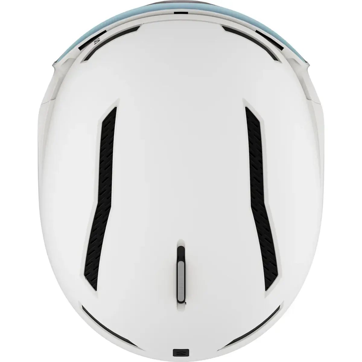 Draufsicht auf den Salomon Driver Pro Sigma Helm - weiß von Salomon, mit schwarzen Belüftungsschlitzen, einem hellblauen Akzent am hinteren Rand und fortschrittlicher MIPS-Technologie für mehr Sicherheit.