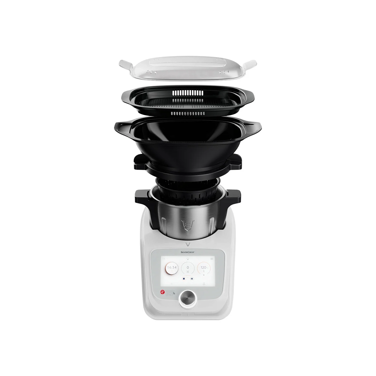 Die Explosionszeichnung der SILVERCREST Monsieur Cuisine Connect SKMC 1100 A1 Küchenmaschine zeigt die abnehmbaren Teile: transparenter Deckel, Dampfeinsatz, schwarze Rührschüssel und weißer Sockel mit digitalem Bedienfeld und Drehknopf.