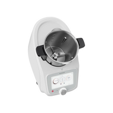 Die SILVERCREST Monsieur Cuisine Connect SKMC 1100 A1 ist eine moderne weiß-graue Küchenmaschine mit einer Rührschüssel aus Metall, schwarzen Griffen und einem digitalen Touchscreen-Display auf der Vorderseite.