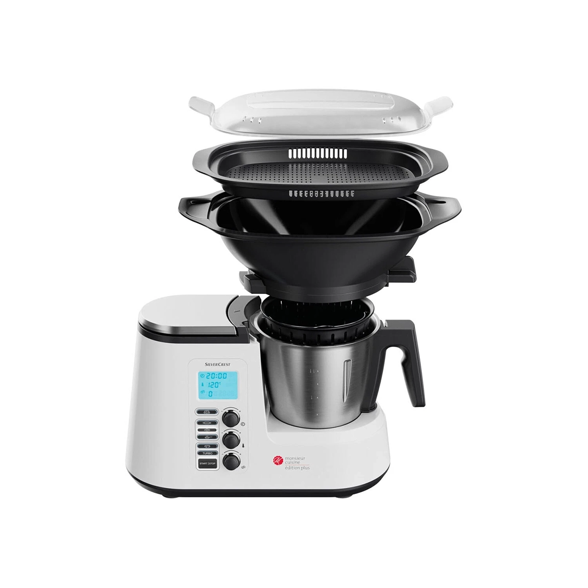 Die SILVERCREST Monsieur Cuisine edition plus SKMK 1100 A1 ist eine weiß-schwarze Küchenmaschine mit Digitaldisplay, Bedientasten, einer großen Edelstahlschüssel und mehreren abnehmbaren Zubehörteilen - ideal für jede moderne Küche.