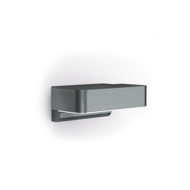Die Steinel Sensor-LED-Außenleuchte "L 800 SC ANT Connect" ist eine moderne, matt dunkelgraue, rechteckige Wandleuchte mit schlanker horizontaler Öffnung und Bluetooth-Konnektivität, die an einer weißen Wand montiert wird.