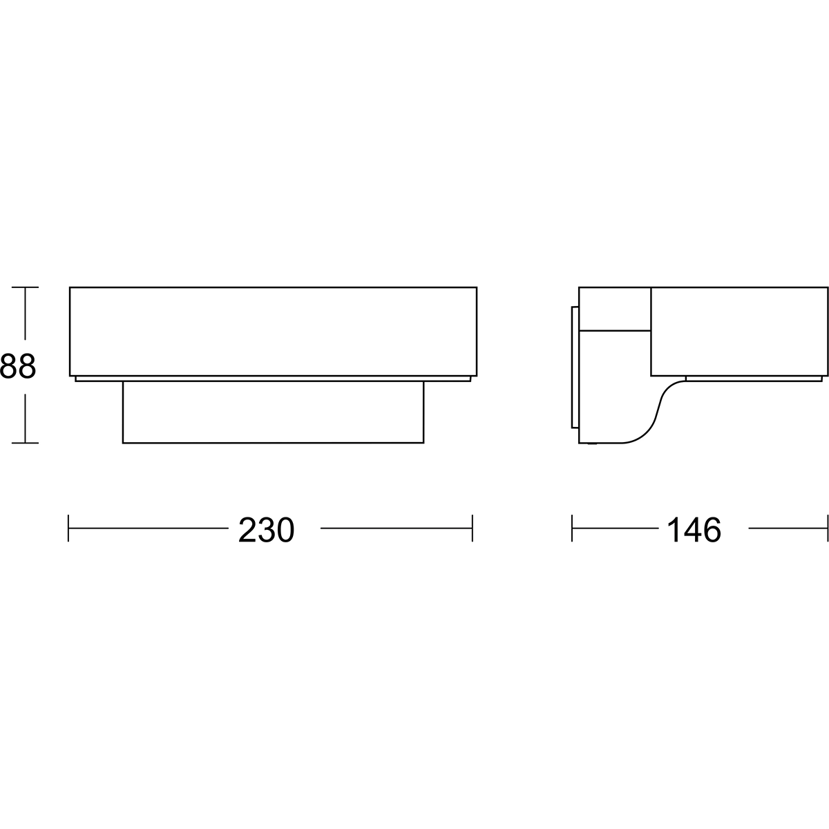 Technische Strichzeichnung zeigt Front- und Seitenansicht der Steinel Sensor-LED-Außenleuchte "L 800 SC ANT Connect": 88 Stück hoch, 230 Stück breit (Front) und 146 Stück tief (Seitenansicht).