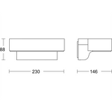 Technische Strichzeichnung zeigt Front- und Seitenansicht der Steinel Sensor-LED-Außenleuchte "L 800 SC ANT Connect": 88 Stück hoch, 230 Stück breit (Front) und 146 Stück tief (Seitenansicht).