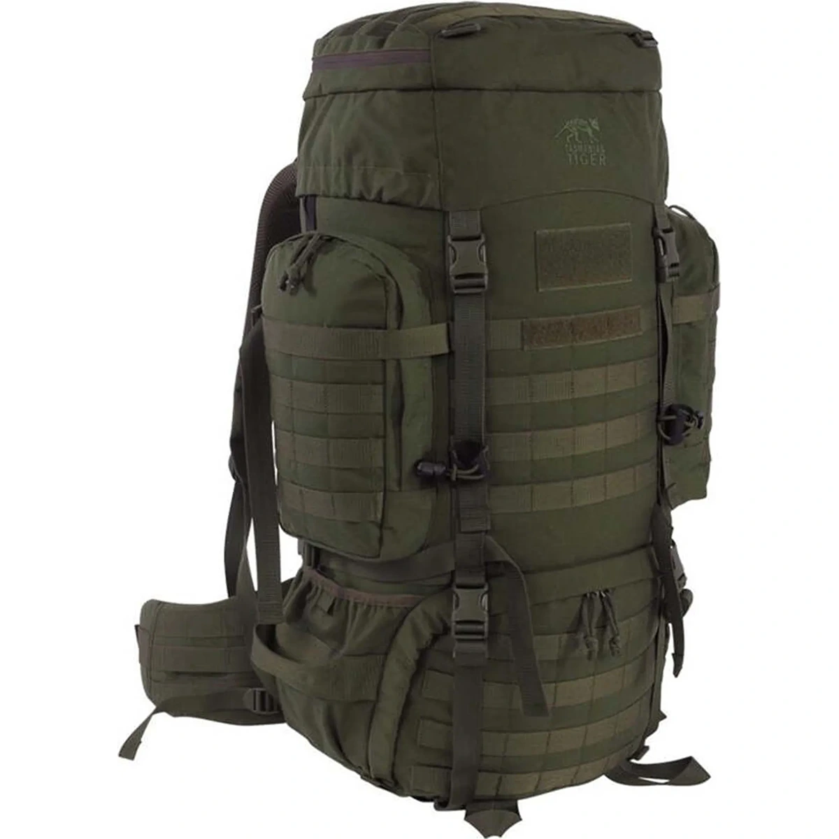Der Tasmanian Tiger TT Raid Pack MKIII 52L Militärrucksack in Grün verfügt über mehrere Fächer, Riemen, MOLLE-Gurtband und ein V2 Plus-Tragesystem – ideal für den taktischen Einsatz.