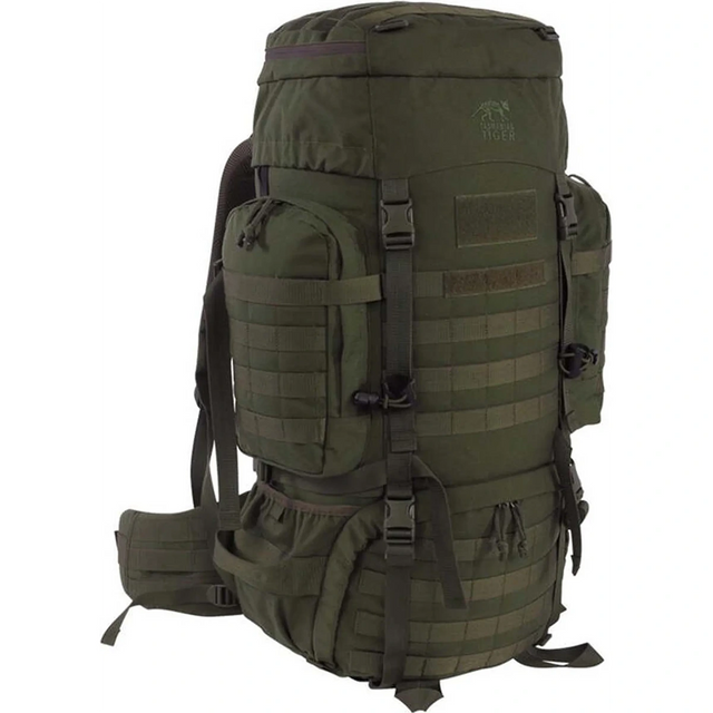 Der Tasmanian Tiger TT Raid Pack MKIII 52L Militärrucksack in Grün verfügt über mehrere Fächer, Riemen, MOLLE-Gurtband und ein V2 Plus-Tragesystem – ideal für den taktischen Einsatz.