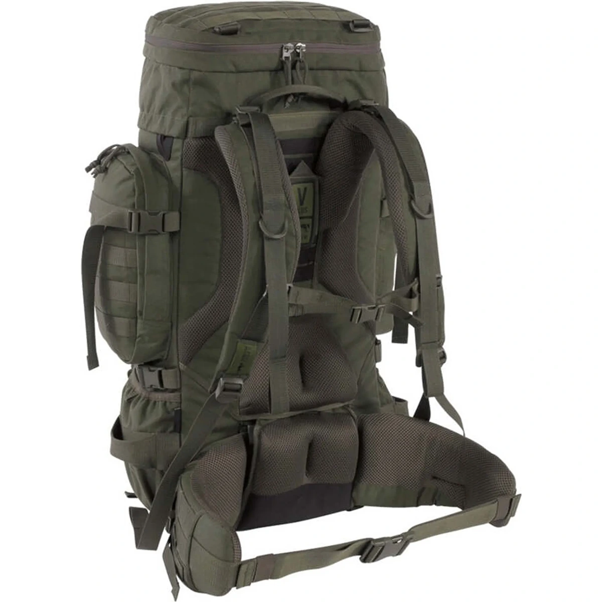 Der „Tasmanian Tiger TT Raid Pack MKIII 52L Militärrucksack“ von Tasmanian ist ein großer grüner Rucksack mit gepolsterten Schultergurten, einem V2 Plus-Tragesystem-Hüftgurt und mehreren Fächern mit Reißverschluss.