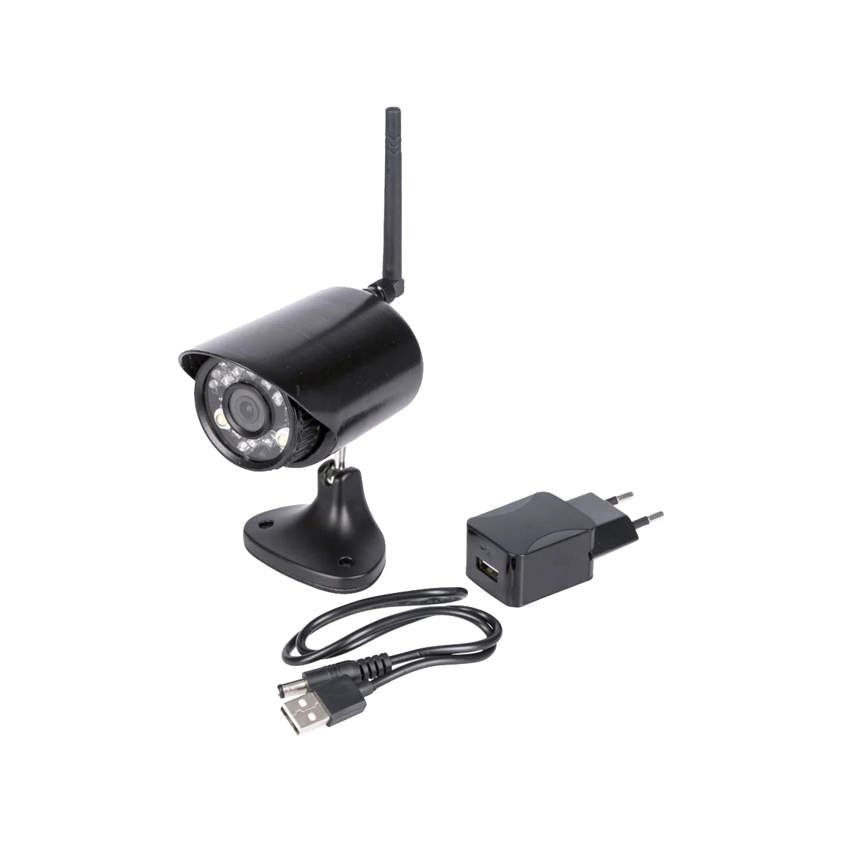 Die Kerbl SmartCam HD 10812 Überwachungskamera in Schwarz von Kerbl überzeugt als kabellose Tiertransport-Überwachungskamera mit Antenne, USB-Kabel und Netzadapter - ideal präsentiert auf weißem Hintergrund.