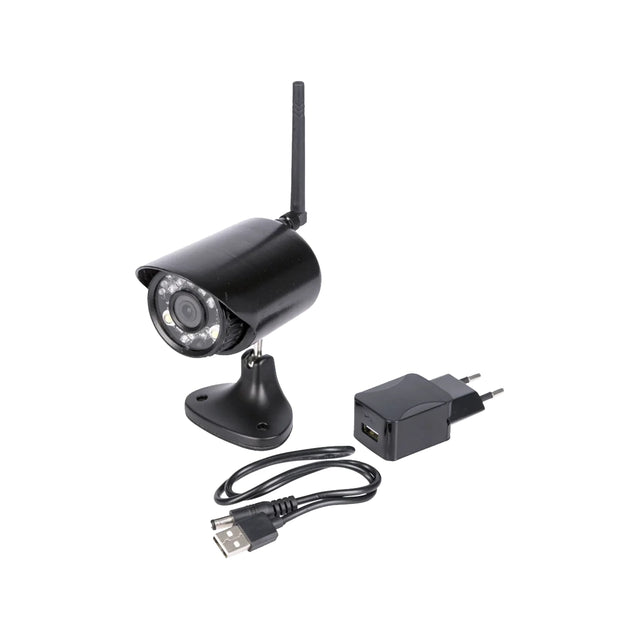 Die Kerbl SmartCam HD 10812 Überwachungskamera in Schwarz von Kerbl überzeugt als kabellose Tiertransport-Überwachungskamera mit Antenne, USB-Kabel und Netzadapter - ideal präsentiert auf weißem Hintergrund.