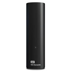 Die Western Digital WD Elements Desktop 8 TB - Externe Festplatte bietet USB 3.0-Konnektivität, ein kompaktes vertikales schwarzes Design mit LED-Licht auf der Vorderseite und das WD Elements-Logo in der Nähe des Sockels.