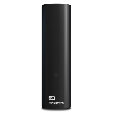 Die Western Digital WD Elements Desktop 8 TB - Externe Festplatte bietet USB 3.0-Konnektivität, ein kompaktes vertikales schwarzes Design mit LED-Licht auf der Vorderseite und das WD Elements-Logo in der Nähe des Sockels.