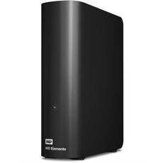 Die Western Digital WD Elements Desktop 8 TB externe Festplatte verfügt über USB 3.0 für schnelle Übertragungen, ein schlankes schwarzes Design, eine aufrechte Haltung, eine Frontanzeige und das WD Elements-Logo.