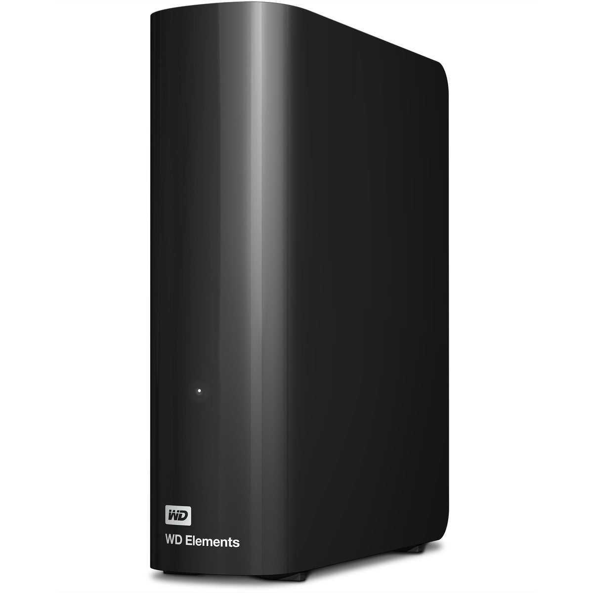 Die Western Digital WD Elements Desktop 8 TB externe Festplatte verfügt über USB 3.0 für schnelle Übertragungen, ein schlankes schwarzes Design, eine aufrechte Haltung, eine Frontanzeige und das WD Elements-Logo.