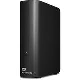 Die Western Digital WD Elements Desktop 8 TB externe Festplatte verfügt über USB 3.0 für schnelle Übertragungen, ein schlankes schwarzes Design, eine aufrechte Haltung, eine Frontanzeige und das WD Elements-Logo.