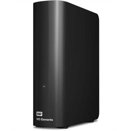 Die Western Digital WD Elements Desktop 8 TB externe Festplatte verfügt über USB 3.0 für schnelle Übertragungen, ein schlankes schwarzes Design, eine aufrechte Haltung, eine Frontanzeige und das WD Elements-Logo.