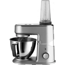 Die WMF KÜCHENminis Küchenmaschine One for All - Grau von WMF verfügt über eine Rührschüssel aus Edelstahl und einen transparenten Mixeraufsatz, der vor einem weißen Hintergrund abgebildet ist.