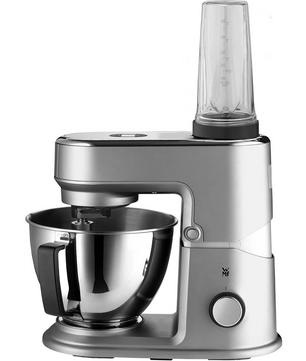 Die WMF KÜCHENminis Küchenmaschine One for All - Grau von WMF verfügt über eine Rührschüssel aus Edelstahl und einen transparenten Mixeraufsatz, der vor einem weißen Hintergrund abgebildet ist.