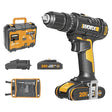 Das WORX WX370.1 20V Akku Schlagbohrschrauber 50Nm Set besteht aus Bohrmaschine, Akku, Ladegerät, Bohrerset und einem schwarz-gelben Transportkoffer.