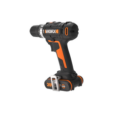 Ein schwarz-oranger WORX WX370.1 Akku Schlagbohrschrauber 20V - 50Nm von WORX mit einem 20V Lithium-Akku, schräg rechts auf weißem Hintergrund.
