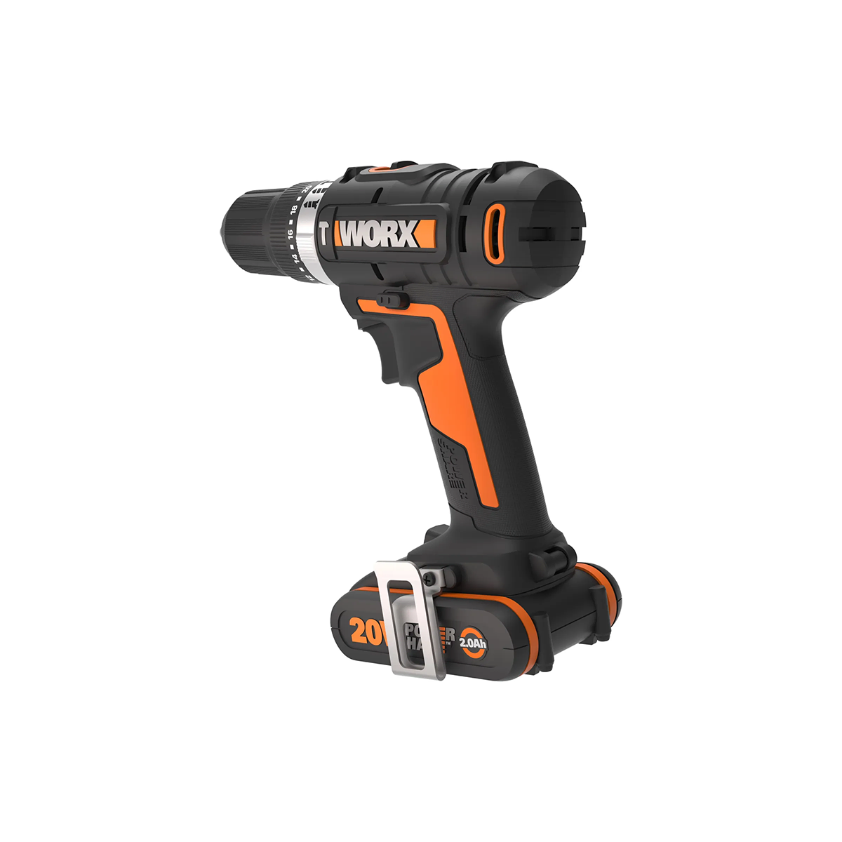 Ein schwarz-oranger WORX WX370.1 Akku Schlagbohrschrauber 20V - 50Nm von WORX mit einem 20V Lithium-Akku, schräg rechts auf weißem Hintergrund.