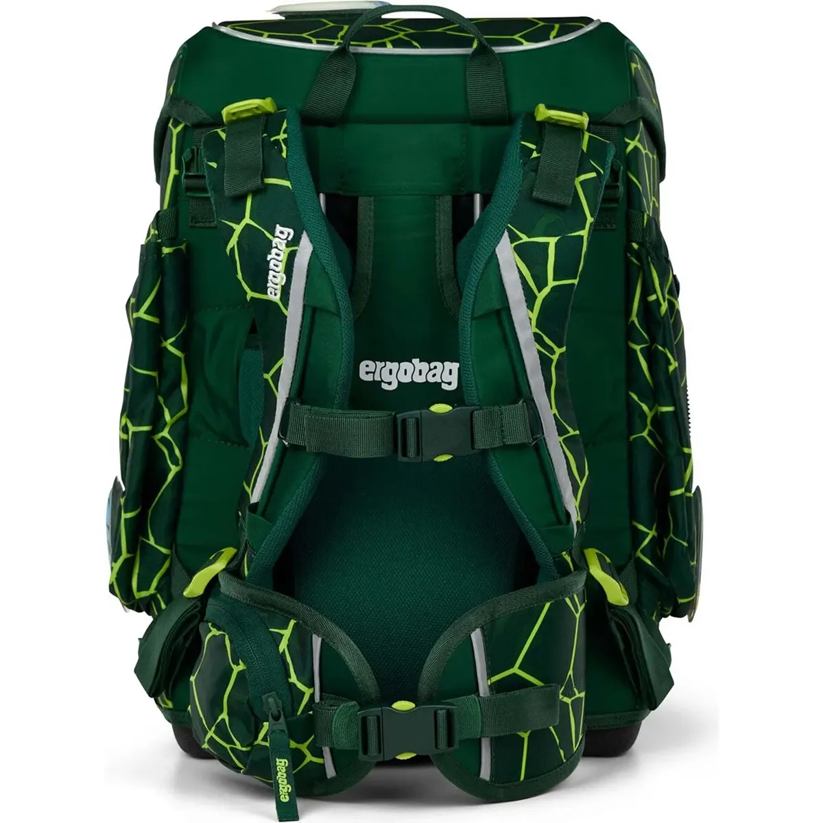 Das ergobag Cubo Set (2025) BärRex von ergobag ist ein grün und gelb gemusterter ergonomischer Schulranzen mit gepolsterten Trägern und Logo auf der Rückseite.