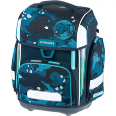 Das Schneiders Ergolite Jungle ist ein 9-teiliges Schulranzen-Set in blau-schwarzem Camo mit Panther-Patch, Schneiders-Branding und hergestellt aus recycelten PET-Flaschen.