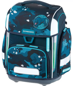 Das Schneiders Ergolite Jungle ist ein 9-teiliges Schulranzen-Set in blau-schwarzem Camo mit Panther-Patch, Schneiders-Branding und hergestellt aus recycelten PET-Flaschen.