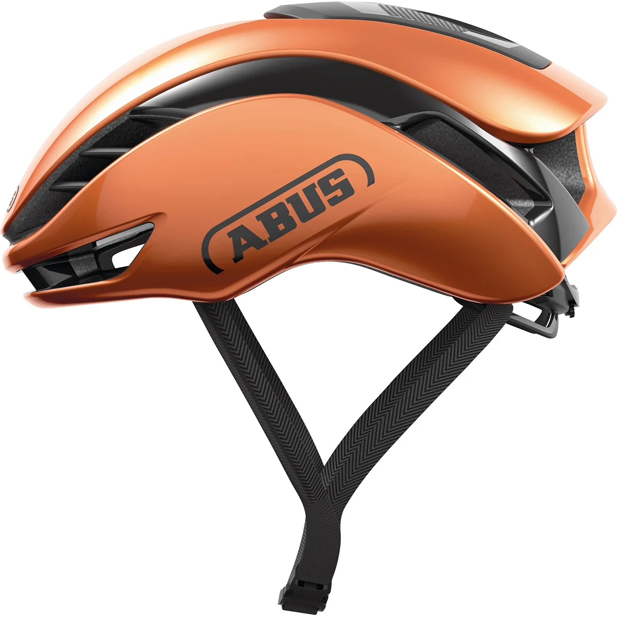 Der ABUS GameChanger 2.0 Aerohelm in Orange, Größe L (57-61 cm), hat schwarze Riemen und ein aerodynamisches Profil - ideal für Leistungssportler, die einen Top-Aerohelm von ABUS suchen.