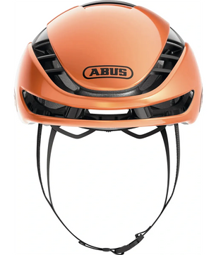 Frontansicht des ABUS GameChanger 2.0 Aerohelms in Orange, Größe L (57-61 cm), mit schwarzen Riemen und Belüftungsschlitzen, die sein fortschrittliches aerodynamisches Design unterstreichen.