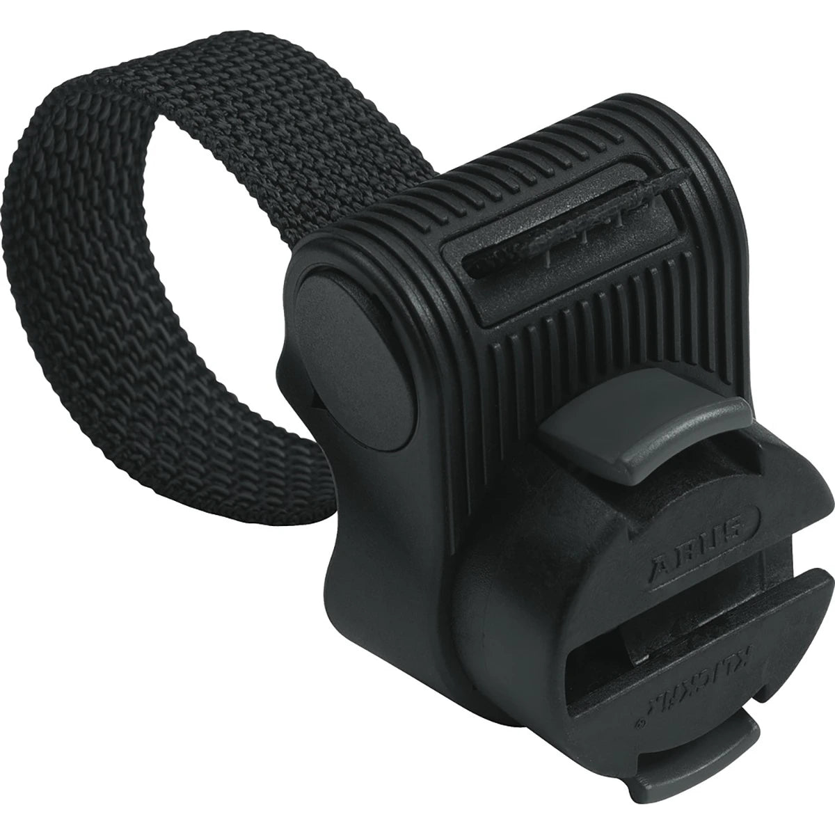 Die ABUS Granit Plus 640/135HB230 + TexKF verfügt über eine schwarze Kunststoffklemme mit strukturiertem Gurt, die sich perfekt zur Sicherung von Gegenständen an E-Bikes eignet und neben dem Bügelschloss zusätzlichen Diebstahlschutz bietet.