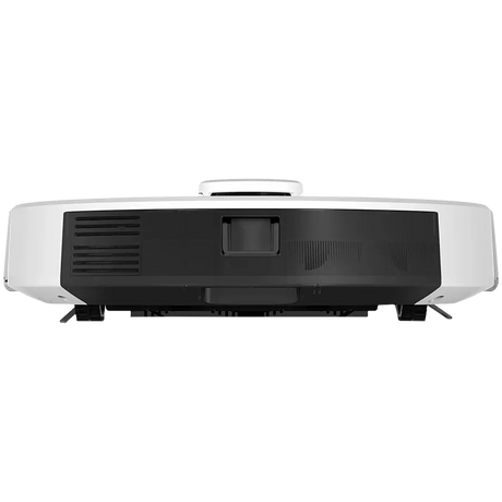 Untere Frontansicht des AENO RC2S Saugroboters von AENO, ein weißer Saugroboter mit schwarzen Akzenten, Sensorpanel, Wischfunktion und fortschrittlicher LiDAR-Navigation für präzise Reinigung.