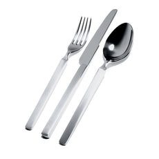 Drei Teile - Gabel, Messer und Löffel - aus dem Set Alessi Dry 30-teilig 18/10 von Alessi sind aus hochwertigem Edelstahl 18/10 gefertigt und nebeneinander auf einem weißen Hintergrund angeordnet, der an elegantes Design erinnert.