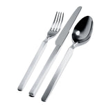 Drei Teile - Gabel, Messer und Löffel - aus dem Set Alessi Dry 30-teilig 18/10 von Alessi sind aus hochwertigem Edelstahl 18/10 gefertigt und nebeneinander auf einem weißen Hintergrund angeordnet, der an elegantes Design erinnert.