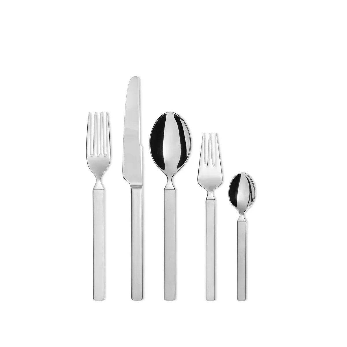 Das Set Alessi Dry 30-teilig 18/10 enthält fünf unverzichtbare Utensilien aus rostfreiem Stahl - Essgabel, Messer, Suppenlöffel, Salatgabel und Teelöffel - mit einem modernen, minimalistischen Design und geraden Griffen der Marke Alessi.