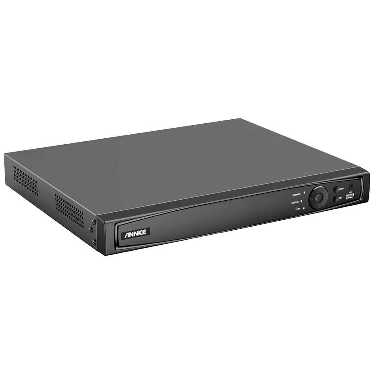 Der schwarze Annke N46PCK 16-Kanal Netzwerk-Videorecorder mit Front-LEDs und Anschlüssen eignet sich ideal für ein leistungsstarkes Videoüberwachungssystem.