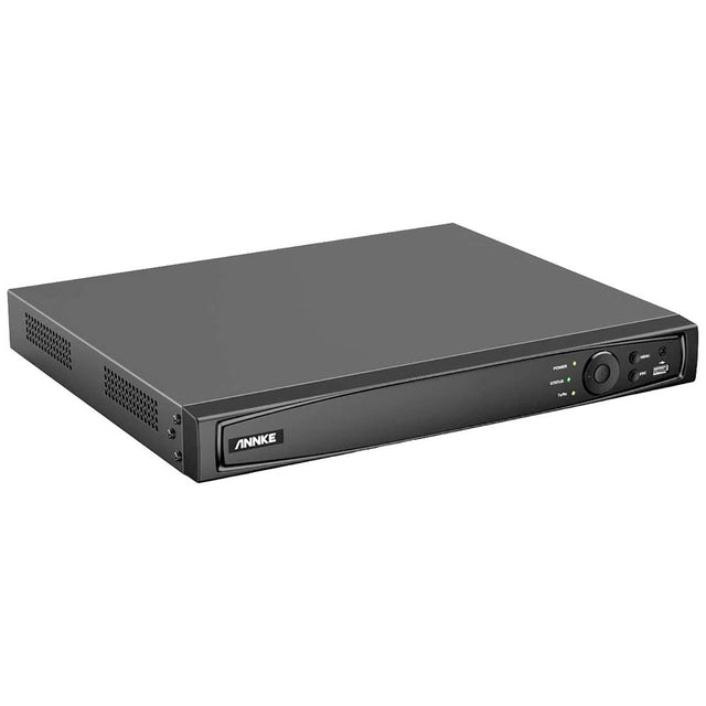 Der schwarze Annke N46PCK 16-Kanal Netzwerk-Videorecorder mit Front-LEDs und Anschlüssen eignet sich ideal für ein leistungsstarkes Videoüberwachungssystem.