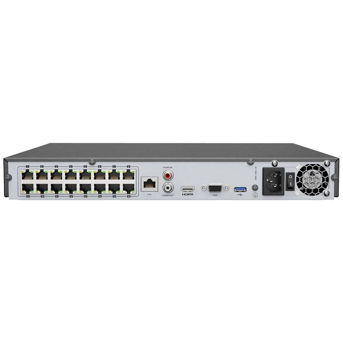 Rückansicht des Annke N46PCK 16-Kanal Netzwerk-Videorecorders mit 16 Ethernet-Ports, HDMI, USB, Audio, LAN und Stromanschlüssen für die nahtlose Integration von 4K PoE Videoüberwachung.