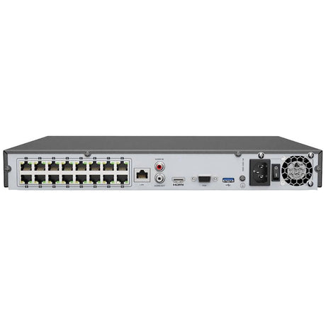 Rückansicht des Annke N46PCK 16-Kanal Netzwerk-Videorecorders mit 16 Ethernet-Ports, HDMI, USB, Audio, LAN und Stromanschlüssen für die nahtlose Integration von 4K PoE Videoüberwachung.