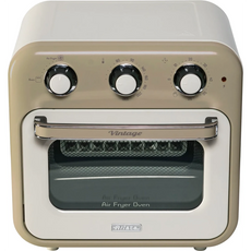 Die Ariete Air Fryer & Oven 2in1 Vintage von Ariete zeichnet sich durch ein beige-weißes Vintage-Design, drei obere Drehregler, ein transparentes Frontfenster mit Blick auf den Korb sowie die Aufschrift Vintage