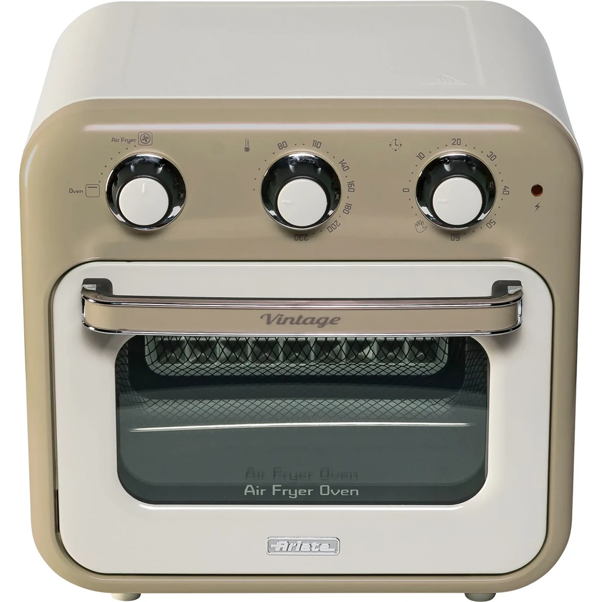 Die Ariete Air Fryer & Oven 2in1 Vintage von Ariete zeichnet sich durch ein beige-weißes Vintage-Design, drei obere Drehregler, ein transparentes Frontfenster mit Blick auf den Korb sowie die Aufschrift Vintage" und Air Fryer Oven" auf der Vorderseite aus.