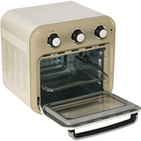 Die Ariete Air Fryer & Oven 2in1 Vintage von Ariete ist ein beiger Toaster mit drei Drehreglern, einer offenen Fronttür, die einen geräumigen Innenraum offenbart, und einem Gitterrost im Inneren.