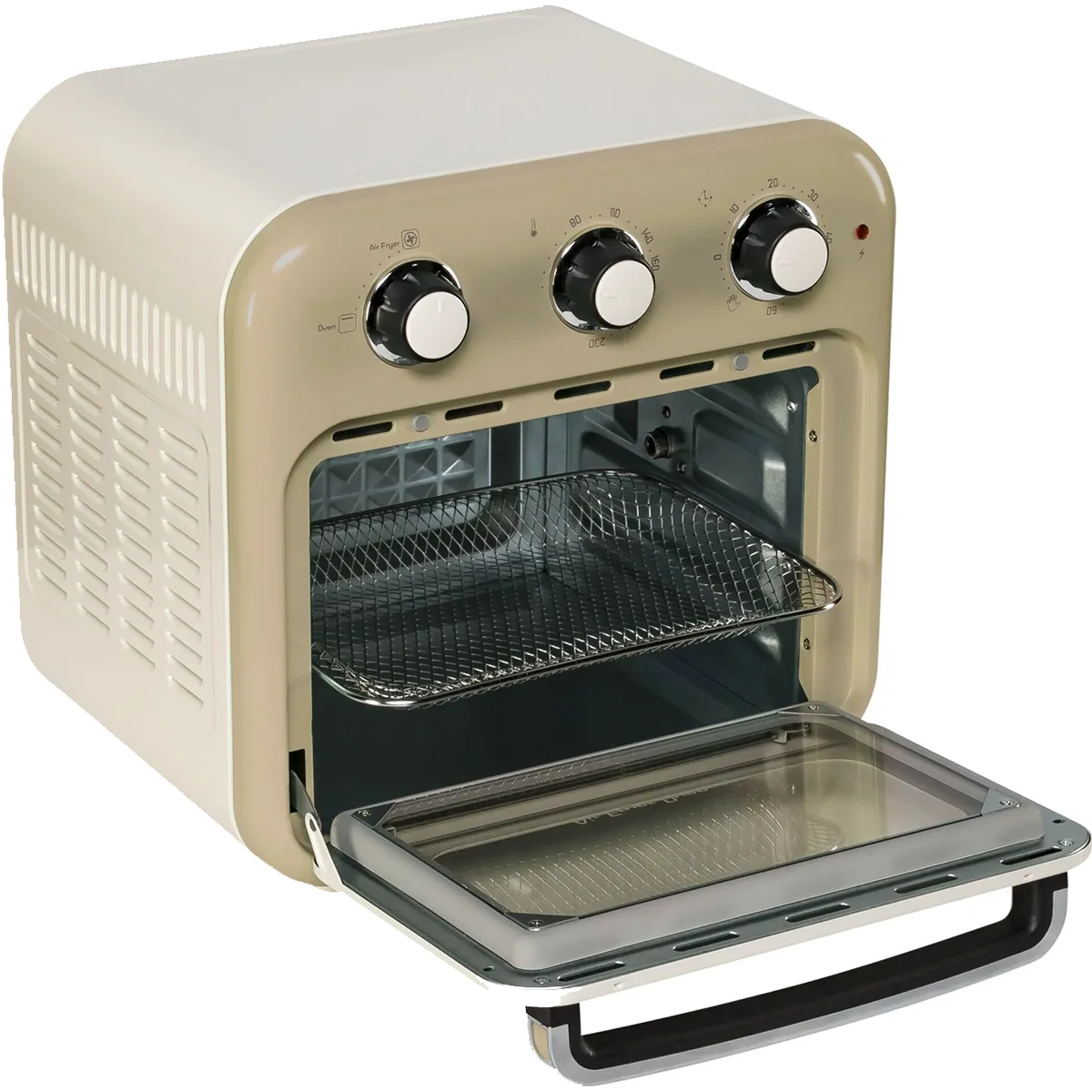 Die Ariete Air Fryer & Oven 2in1 Vintage von Ariete ist ein beiger Toaster mit drei Drehreglern, einer offenen Fronttür, die einen geräumigen Innenraum offenbart, und einem Gitterrost im Inneren.