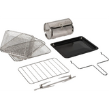 Ariete Air Fryer & Oven 2in1 Vintage-Zubehör von Ariete - zwei Gitterböden, Grillkorb, Backblech, Drahtgestell, Grillspieß und zwei Gabeln - sind auf weißem Hintergrund abgebildet.