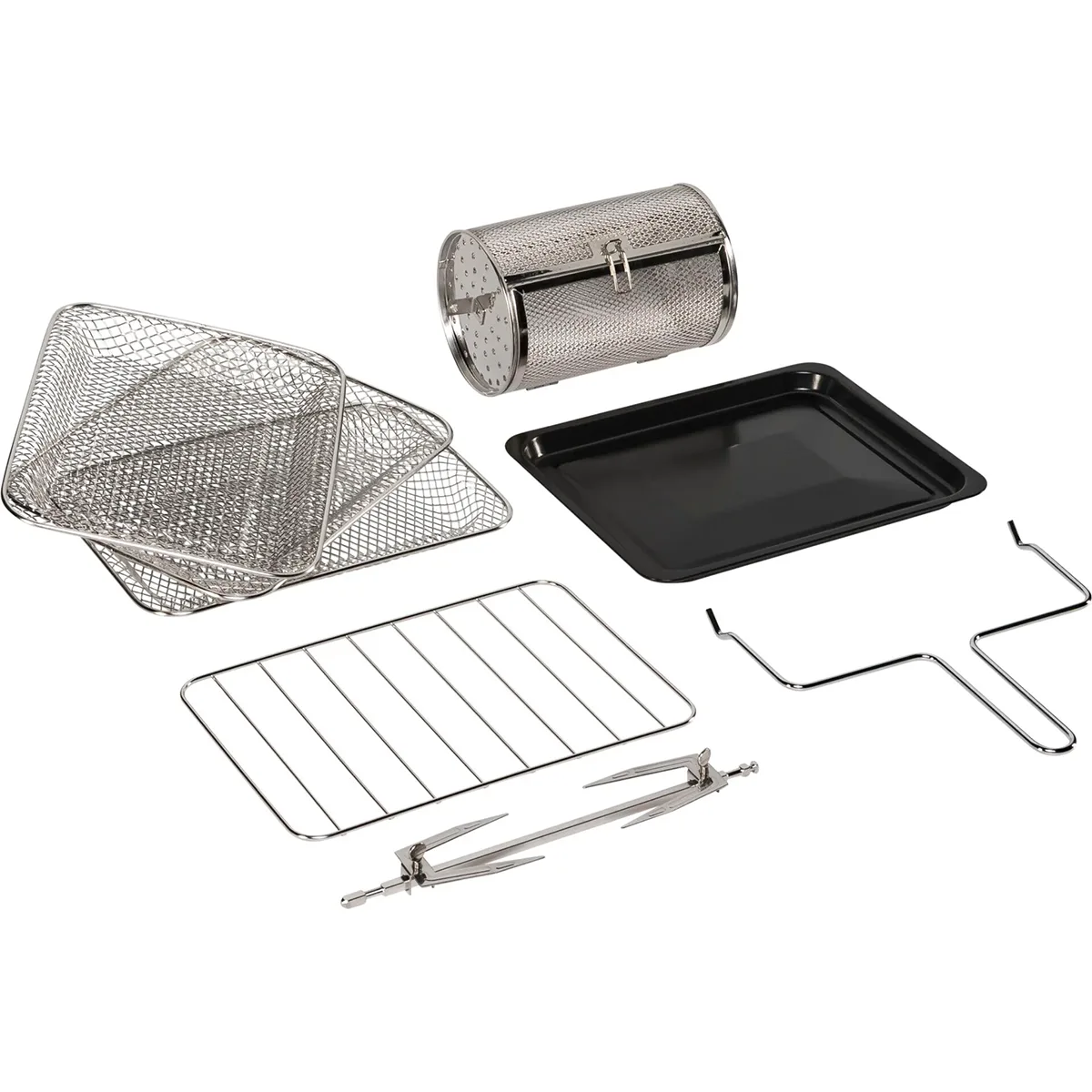 Ariete Air Fryer & Oven 2in1 Vintage-Zubehör von Ariete - zwei Gitterböden, Grillkorb, Backblech, Drahtgestell, Grillspieß und zwei Gabeln - sind auf weißem Hintergrund abgebildet.